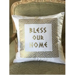 Greek Key Design Bless Our Home White Soft Polyester Pillow - CASE ONLY 